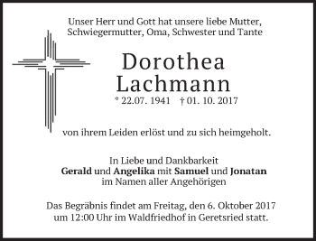 Traueranzeige von Dorothea Lachmann von merkurtz