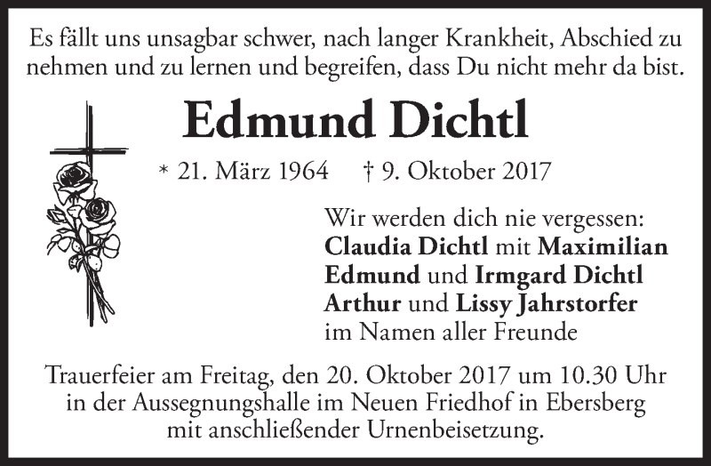  Traueranzeige für Edmund Dichtl vom 18.10.2017 aus merkurtz