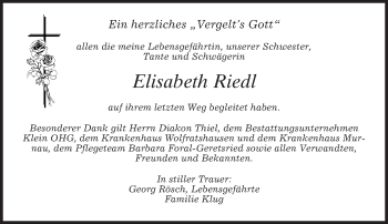 Traueranzeige von Elisabeth Riedl von merkurtz