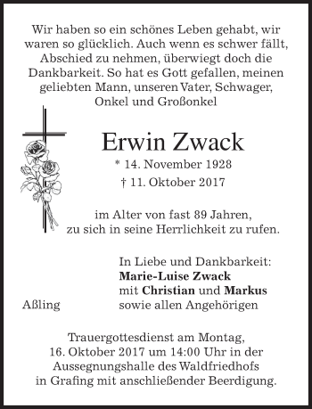 Traueranzeige von Erwin Zwack von merkurtz