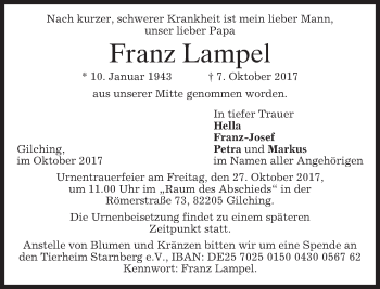 Traueranzeige von Franz Lampel von merkurtz