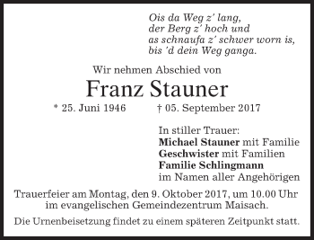Traueranzeige von Franz Stauner von merkurtz