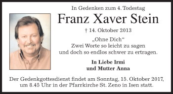 Traueranzeige von Franz Xaver Stein von merkurtz
