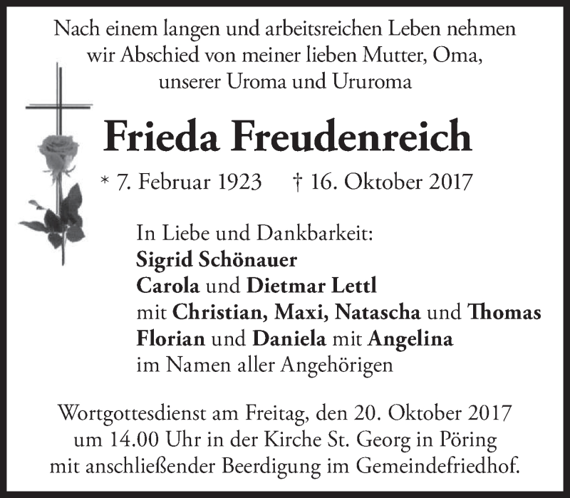  Traueranzeige für Frieda Freudenreich vom 18.10.2017 aus merkurtz