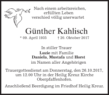Traueranzeige von Günther Kahlisch von merkurtz