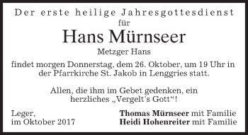 Traueranzeige von Hans Mürnseer von merkurtz