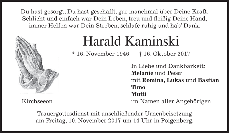  Traueranzeige für Harald Kaminski vom 28.10.2017 aus merkurtz