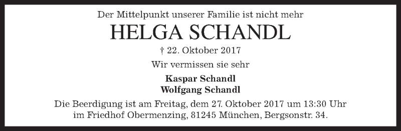  Traueranzeige für Helga Schandl vom 25.10.2017 aus merkurtz