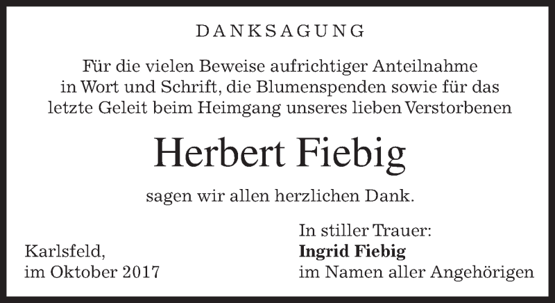  Traueranzeige für Herbert Fiebig vom 07.10.2017 aus merkurtz