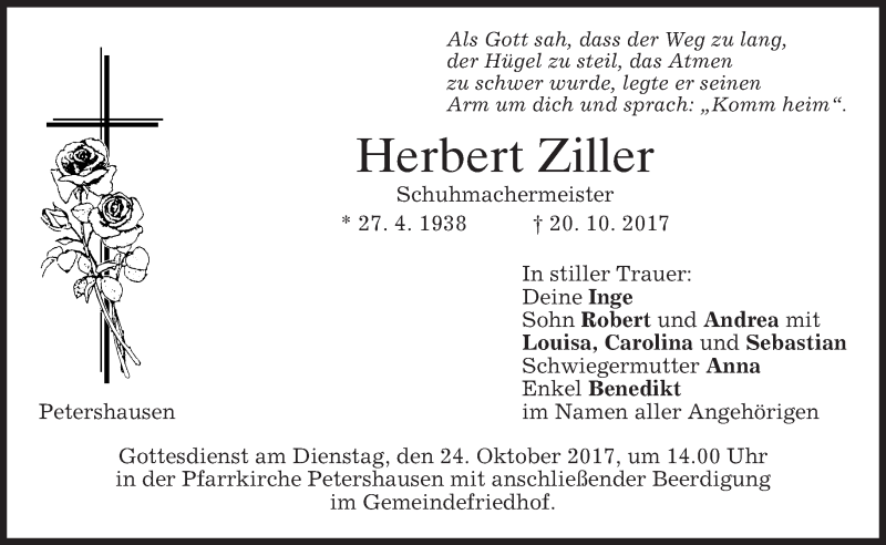  Traueranzeige für Herbert Ziller vom 21.10.2017 aus merkurtz