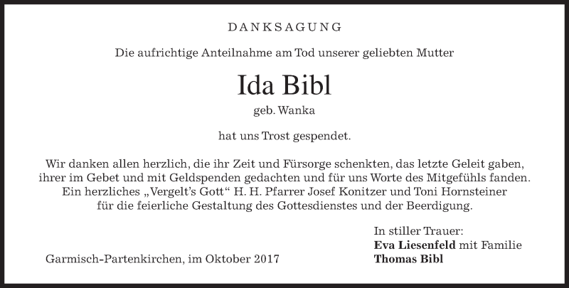  Traueranzeige für Ida Bibi vom 21.10.2017 aus merkurtz