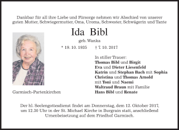 Traueranzeige von Ida Bibl von merkurtz