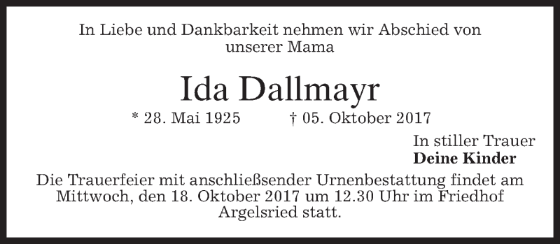  Traueranzeige für Ida Dallmayr vom 14.10.2017 aus merkurtz