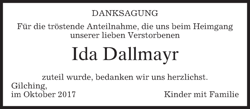  Traueranzeige für Ida Dallmayr vom 28.10.2017 aus merkurtz