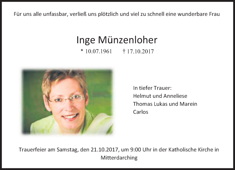  Traueranzeige für Inge Münzenloher vom 20.10.2017 aus merkurtz