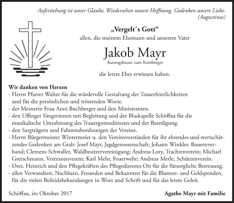  Traueranzeige für Jakob Mayr vom 07.10.2017 aus merkurtz