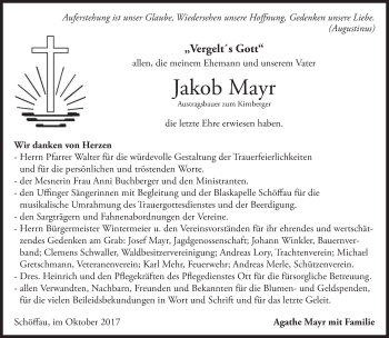 Traueranzeige von Jakob Mayr von merkurtz