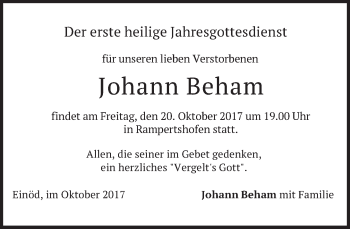 Traueranzeige von Johann Beham von merkurtz