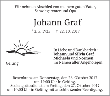 Traueranzeige von Johann Graf von merkurtz