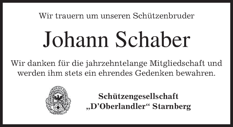  Traueranzeige für Johann Schaber vom 27.10.2017 aus merkurtz