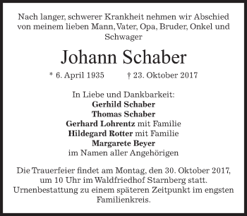 Traueranzeige von Johann Schaber von merkurtz