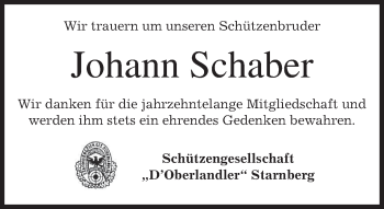 Traueranzeige von Johann Schaber von merkurtz