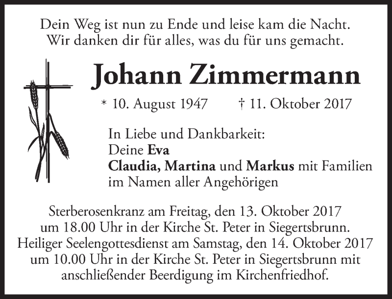  Traueranzeige für Johann Zimmermann vom 12.10.2017 aus merkurtz