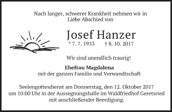 Traueranzeige von Josef Hanzer von merkurtz