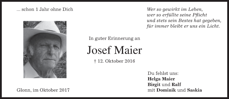  Traueranzeige für Josef Maier vom 14.10.2017 aus merkurtz