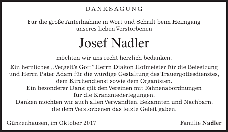  Traueranzeige für Josef Nadler vom 21.10.2017 aus merkurtz