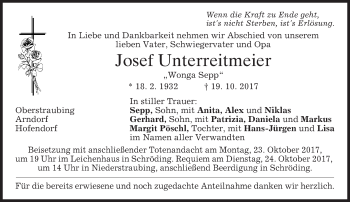 Traueranzeige von Josef Unterreitmeier von merkurtz
