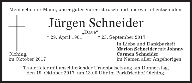  Traueranzeige für Jürgen Schneider vom 07.10.2017 aus merkurtz