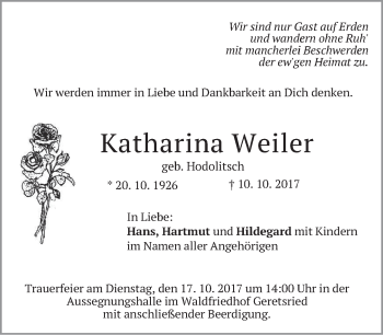Traueranzeige von Katharina Weiler von merkurtz