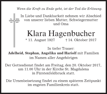 Traueranzeige von Klara Hagenbucher von merkurtz