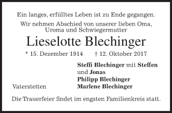 Traueranzeige von Lieselotte Blechinger von merkurtz