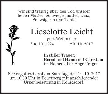 Traueranzeige von Lieselotte Leicht von merkurtz