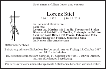 Traueranzeige von Lorenz Stiel von merkurtz