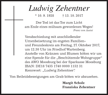 Traueranzeige von Ludwig Zehentner von merkurtz