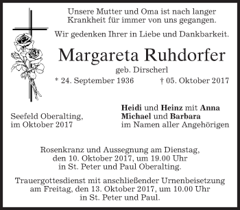 Traueranzeige von Margareta Ruhdorfer von merkurtz