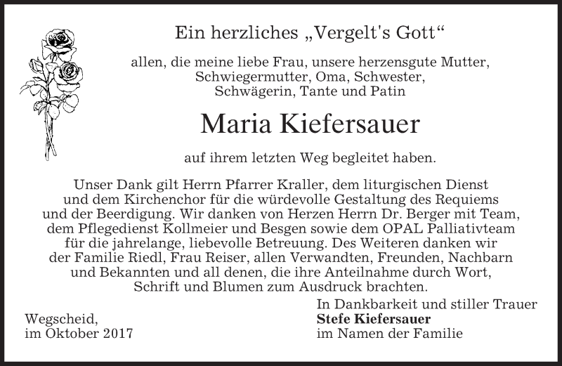  Traueranzeige für Maria Kiefersauer vom 21.10.2017 aus merkurtz