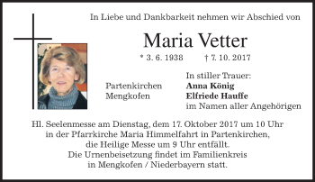 Traueranzeige von Maria Vetter von merkurtz