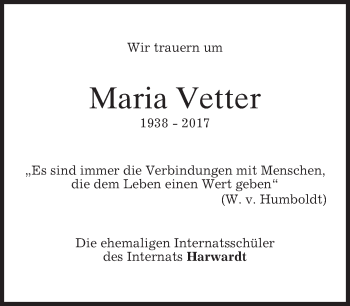 Traueranzeige von Maria Vetter von merkurtz