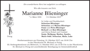 Traueranzeige von Marianne Blieninger von merkurtz