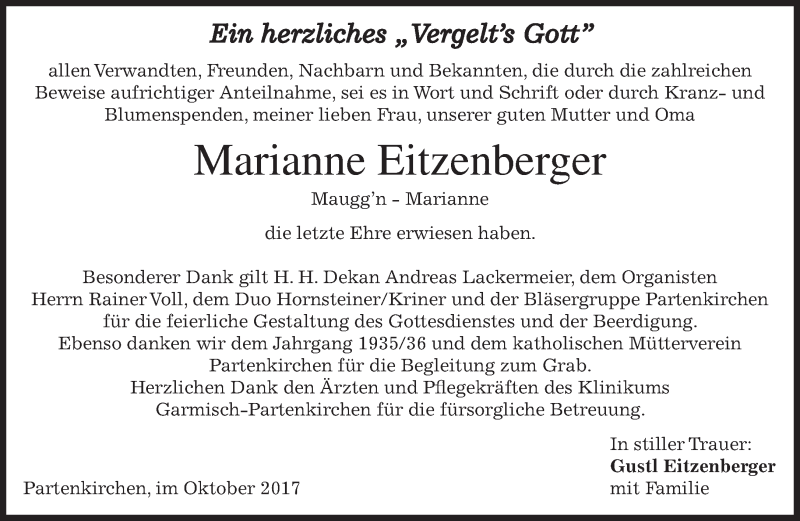  Traueranzeige für Marianne Eitzenberger vom 14.10.2017 aus merkurtz
