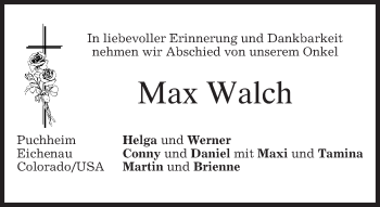 Traueranzeige von Max Walch von merkurtz