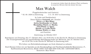 Traueranzeige von Max Walch von merkurtz