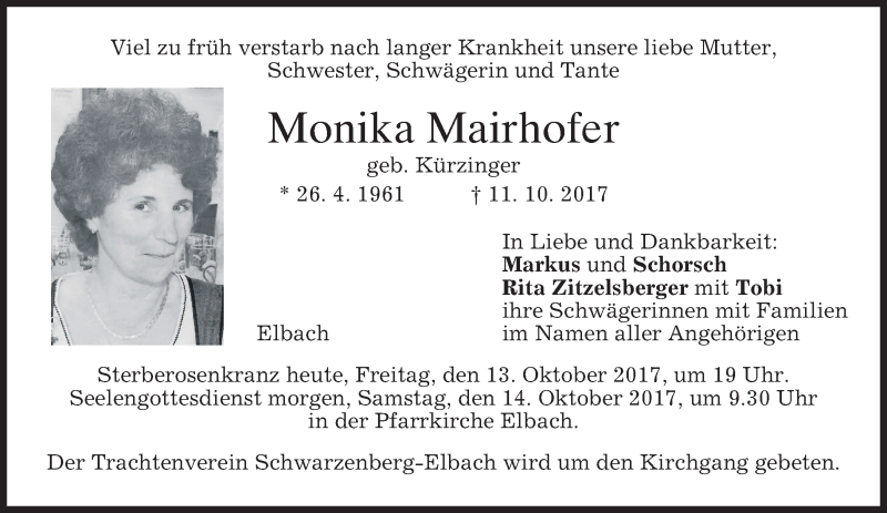  Traueranzeige für Monika Mairhofer vom 13.10.2017 aus merkurtz