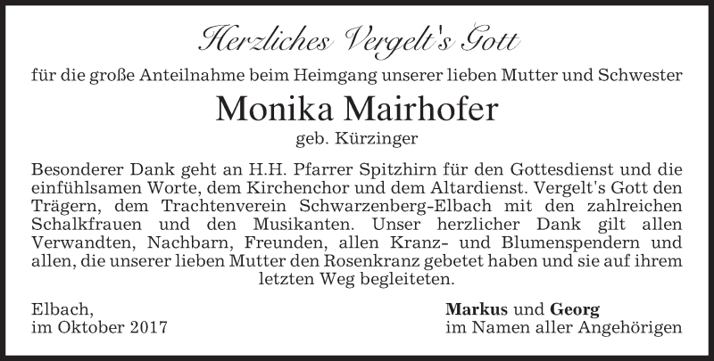  Traueranzeige für Monika Mairhofer vom 28.10.2017 aus merkurtz