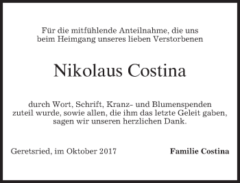 Traueranzeige von Nikolaus Costina von merkurtz