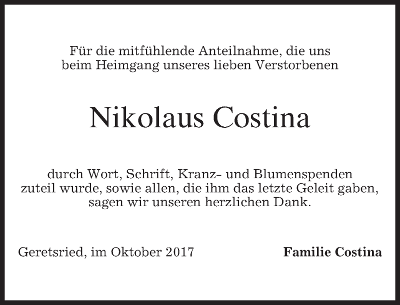  Traueranzeige für Nikolaus Costina vom 06.10.2017 aus merkurtz